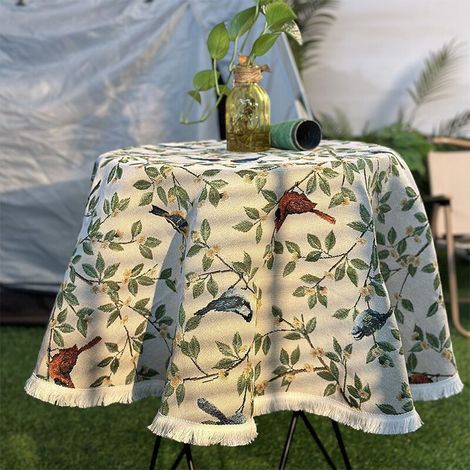 Nappe ronde en coton et lin avec branches de fleurs et oiseaux - 150 cm - Pour intérieur et extérieur - Pour fête, pique-nique, restaurant, jardin (1/3)