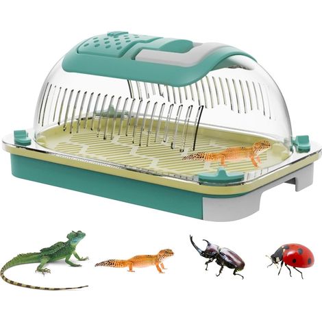 Terrarium en plastique pour reptiles avec poignée et plateau, mangeoire portable et aérée pour petits reptiles et amphibiens, cage de transport transparente, 19 x 12,5 x 9,5 cm (1/5)