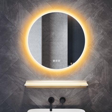 ELEGANT Bathroom LED Mirror with Illuminated Frosted Glass Shelf Bluetooth Anti-Fog and 3 Lighting Modes, Round 600x600mm (1/5)