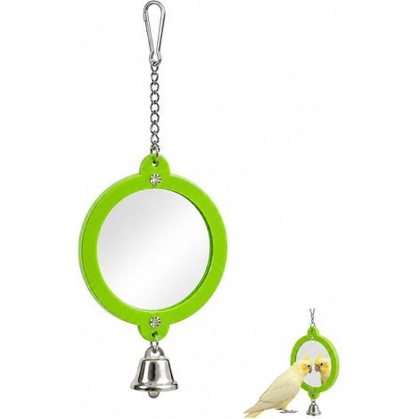 Miroir à Oiseaux avec Cloche, Jouet Interactif Rotatif à 360° en Acrylique Sûr, Jouet Mural et Accessoire de Cage pour Perruche, Perroquet, Canari (8x22cm, Vert) (1/5)
