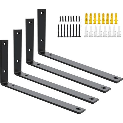 4 Pièces Équerre Étagère Murale Charge Lourde, Supports d'Étagère Métal 5MM d'Épaisseur à Angle Droit de 90°, Fixation Flottante Support pour Salon Chambre Cuisine, 300MM 150MM, Noir (1/5)