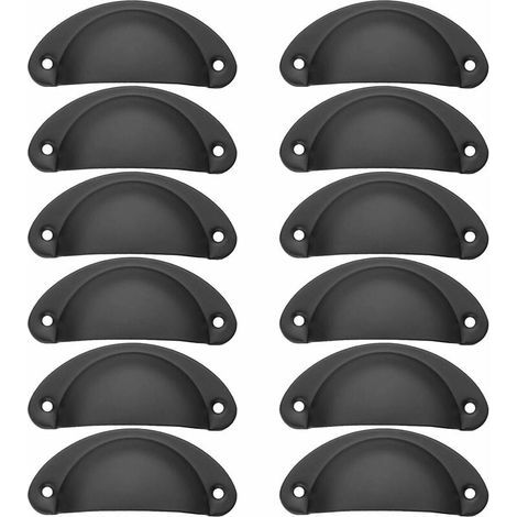12 pomelli vintage a forma di conchiglia per cassetti e mobili da cucina, pomelli vintage curvi in ferro per ante di mobili, 8,2 cm x 3,5 cm con fissaggio a vite - Nero (1/5)