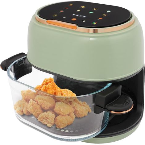 Friteuse à air chaud avec fenêtre et écran tactile 1350 W capacité 4 l température 80-190 °C en verre trempé ABS vert idéal pour cuisine familiale et bureau (1/5)