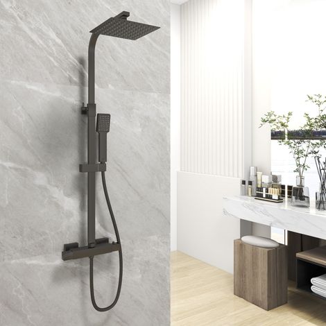 Acezanble Bathroom Thermostatic Mixer Shower Set Square Black Twin Head Exposed Valve
