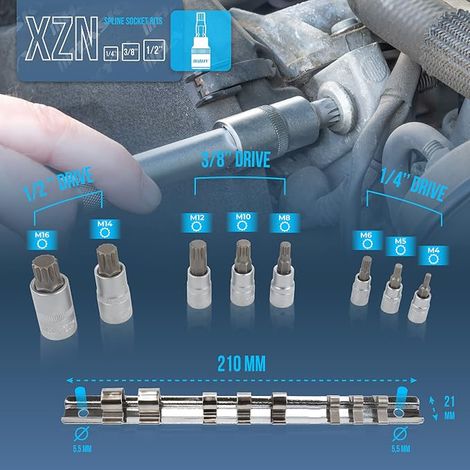 XZN Socket Set M4 M5 M6 M8 M10 M12 M14 M16 1/2 3/8 1/4 Chrome Molybdenum Steel Multi-Tooth Socket Set (1/4)