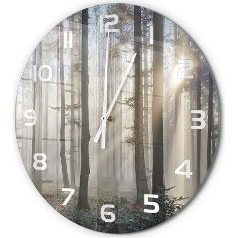 Horloge Murale Ronde Décoration Murale Verre Trempé Design Artistique Brouillard dans la forêt fi 60 cm (1/5)