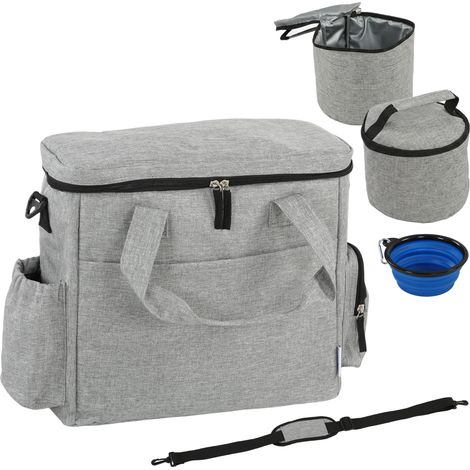 Sac de voyage pour chien avec compartiments, 2 gamelles souples, bol pliable, séparateur ajustable, 38x17x35 cm, gris clair (1/5)