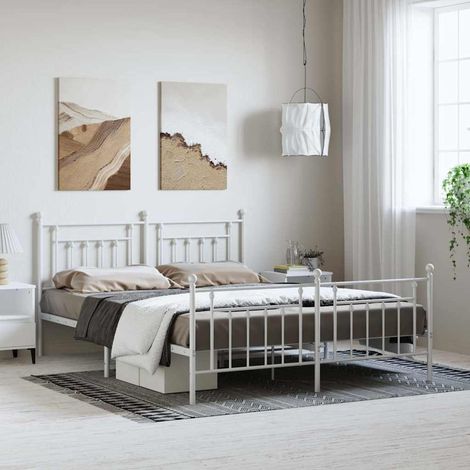 Cadre de lit métal sans matelas et pied de lit blanc 183x213 cm (1/5)
