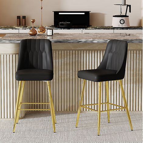 REDOM - Juego de 2 taburetes de bar, respaldo ergonómico, reposapiés práctico, metal y polipiel PU negro y dorado (1/5)