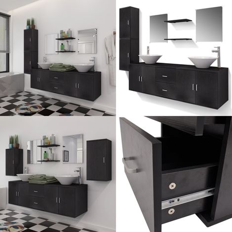 Meuble de salle de bain 11 pcs avec lavabo et robinet Noir - Ensemble Salle De Bain - Meuble Vasque - Rangement Salle De Bain - Lavabo Suspendu - Robinetterie Salle De Bain - Home & Living