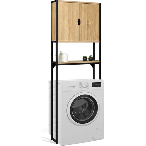 Idmarket – Meuble pour WC avec placard et étagère – Dimensions 64x19x178 cm – Structure métal noir et panneaux de bois – Rangement compact et design industriel (1/5)