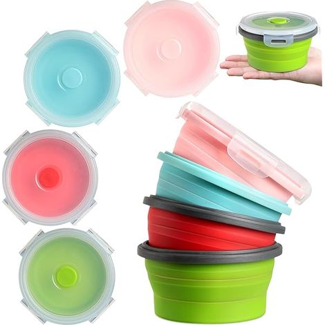 Bol Pliable Avec Couvercle - Silicone Alimentaire - 12 Oz - 350 Ml - Pour Randonnée Camping Voyage Bureau - Lot De 4 (1/3)
