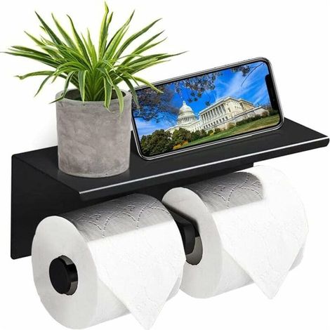 Double toilet paper holder, storage rack made of 304 stainless steel, toilet paper holder with mobile phone holder, for use in the bathroom (black) (1/5)