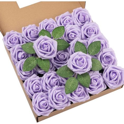 25 roses artificielles - Fleurs artificielles - Faux roses - Roses en mousse - Composition florale - 33 cm - Lilas - Idéal pour le bricolage, bouquets de mariée, centres de table, compositions florale (1/5)