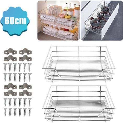 Randaco Set di 2 cassetti da cucina Cassetto portaoggetti telescopico in metallo cromato Armadio portaoggetti Larghezza armadio 60CM