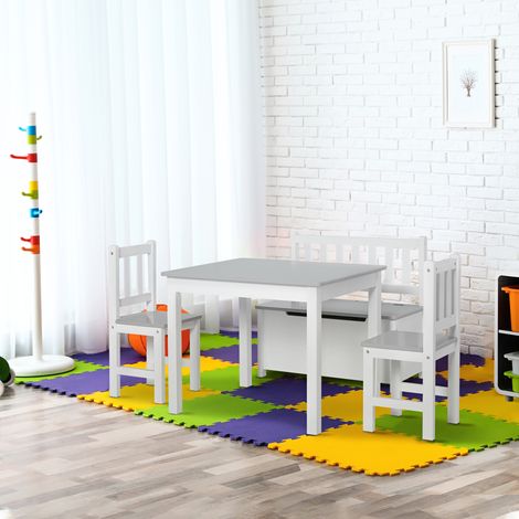 4-teiliges Set mit Kindertisch, 2 Stühlen und einer Kommode, Kinderzimmermöbel, Mehrzweck-Kindertisch und -Stühle aus Holz, Weiß und Grau