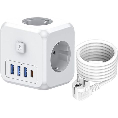 Multiprise USB, Prise Multiple Cube Prise Murale, 3 USB et 1 C Chargeur Prise 1.5M Rallonge avec 3 AC 4000W Multiprise Electrique (1/4)