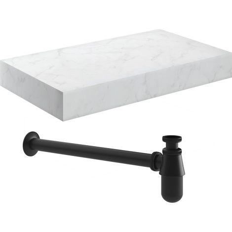Signature Grove Wall Hung Basin Shelf with Black Bottle Trap 800mm Wide - White Marble (1/2)