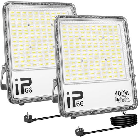 2 Pièces Projecteur d'extérieur 400W,Sécurité projecteur 40000 lumens avec prise, lampe de travail extérieure, 6000K éclairage extérieur blanc pour cour patio parking jardin,étanchéité IP66 (1/5)