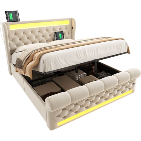 CHICFURN Lit capitonné 140x190 cm en velours beige avec LED intégrée, coffre de rangement hydraulique, ports USB et USB-C, tête et pied décoratifs, sans matelas (1/5)