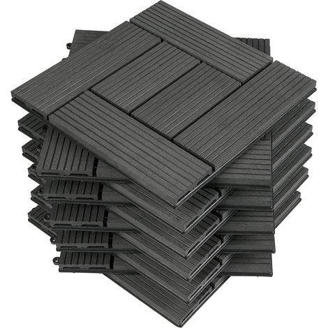 Woltu – Carrelage de sol WPC 11 pièces 30x30cm – Système plug-in – Résistant aux UV et antidérapant – Pour terrasse et balcon – 1m²