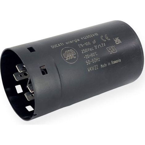 Ducati Energia – Condensateur de démarrage électrolytique 88-106µF 250Vac – Cosses faston double 6.3mm – Ø45,5x84mm – Pour moteurs monophasés 220V