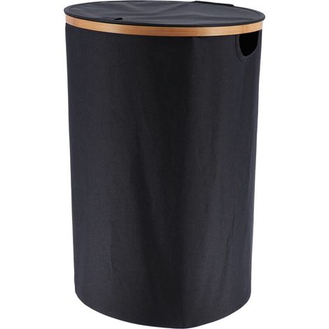 Panier à linge pliable avec couvercle 70L en polyester Noir et bambou D 40 x H 60 cm - TENDANCE (1/2)