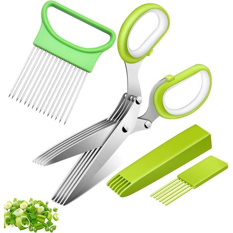 Ciseaux à Herbes et Cuisine en Acier Inoxydable 5 Lames, Fourchette Oignon, Ciseaux Multi-lames Épices Sécurité Peigne (1/5)