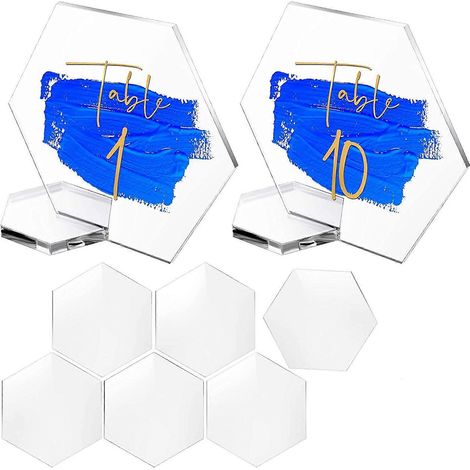 Plaque acrylique hexagonale pour mariage - 10 cartes de place vierges avec support pour numéros de table et noms d'invités (1/4)