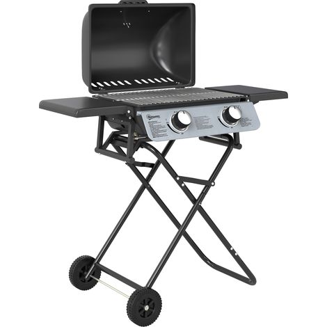 Barbecue gaz portable 2 feux 5,6 kW, barbecue camping avec tablettes latérales, thermomètre et roues, noir (1/5)