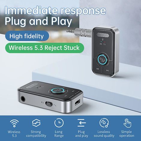 Adaptateur audio Bluetooth 5.3 AUX avec prise jack 3,5 mm et émetteur-récepteur 2 en 1 pour casques filaires, haut-parleurs TV et lecteurs MP3 de voiture (1/5)