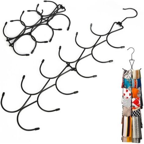 1 PCS Cintre Foulard, Organisateur D'écharpes avec 12 Crochets, Cintre Porte Ceinture Cravate Pliable, Porte écharpe avec Crochet Rotatif à 360 °, pour Placard, Châle, Ceinture (Noir) (1/5)