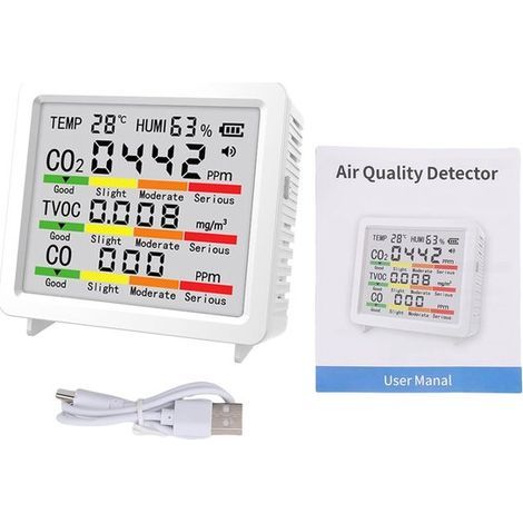 Mesureur de CO2 avec écran LED - Blanc - Appareil professionnel 5 en 1 pour la qualité de l'air - Détecteur de COVT et de CO (1/5)
