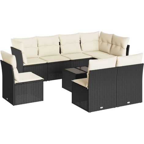 Salon de jardin 9 pcs avec coussins noir résine tressée (1/3)