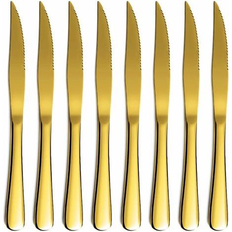 Golden steak knife set, golden serrated knife, titanium gold plated stainless steel sharp knife set, table knife set with 8 pieces, dishwasher safe, robust