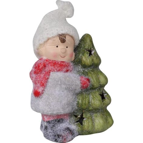 Figura de árbol de Navidad de cerámica a pilas con niño sonriente, 13,5 cm, rosa (1/2)