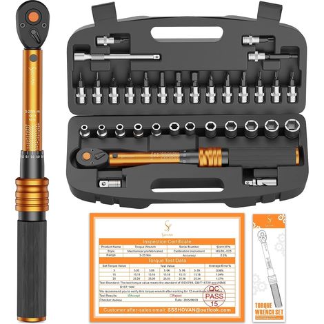 33 Pièces Clé Dynamométrique 1/4", 3-25Nm Cle Dynamométrique Velo, Précision ±3%, Kit D'entretien avec Douilles Hex, Barre D'extension, Bits Adaptateur, pour Moto vélo Route et de Montagne (1/5)