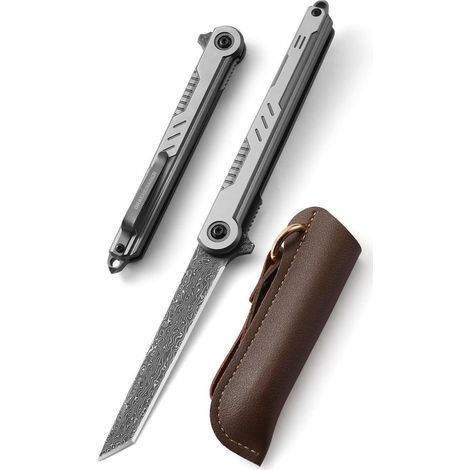 Taschenmesser Damaststahl Tanto Einhandmesser mit VG10 Kern und Ledertasche