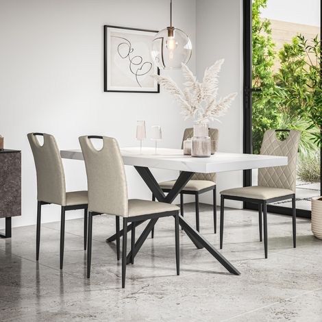 Donni Dining Table And Chairs - White Marble Effect Table Top w Black Legs + Monza Linen Dining Chair Set Of 4 (Beige) (1/4)