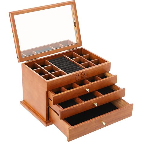 Boîte à bijoux à 4 niveaux avec 3 tiroirs et miroir - Grande boîte rangement bijoux en bois pour boucles d'oreilles, colliers, 31x19.3x19.7 cm (1/5)