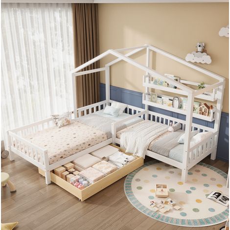 CHICFURN Cama infantil tipo casita 242x209x178,5 cm de madera blanca con almacenaje, sin colchón (1/5)