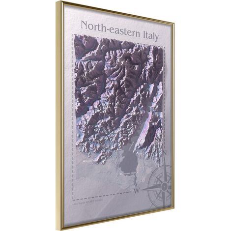 Affiche Murale Encadrée "Raised Relief Map North-Eastern Italy" 21 x 30 cm Or