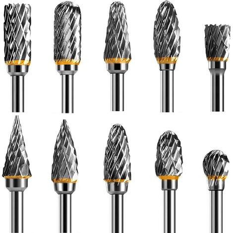 S-giant Jeu de Fraises Rotatives Acier Carbure de Tungstène Double Tranchant pour Outil rotatif, 10 pièces Tige 1/8” pour Bricolage, Sculpture sur bois, Polissage métaux, Gravure, Perçage (1/5)