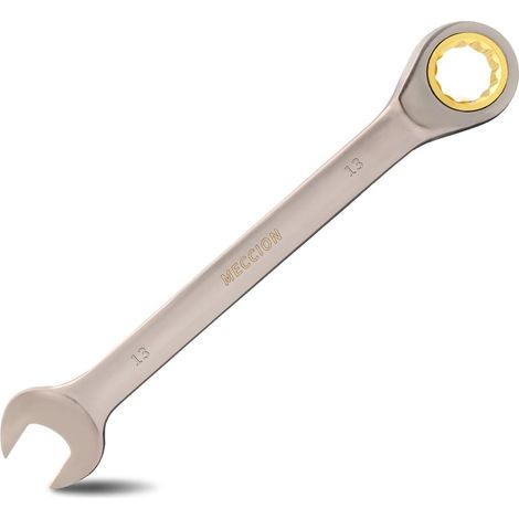 Clé Mixte à Cliquet 13mm - Combinée à Fourche Polygonale en Acier Chrome Vanadium Forgé, Plaqué Nickel Noir Cliquet, système d'engrenage à 72 dents, rotation à 180°, extrémité ouverte, plaqué nickel (1/5)