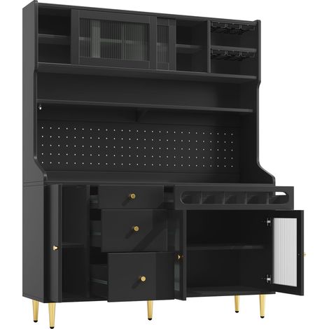 Armoires hautes pour salon, meuble de cuisine, meuble de salle à manger, meuble de salon avec étagères réglables, éclairage LED, tiroir avec range-bouteilles, 145×39×171 cm, noir (1/5)