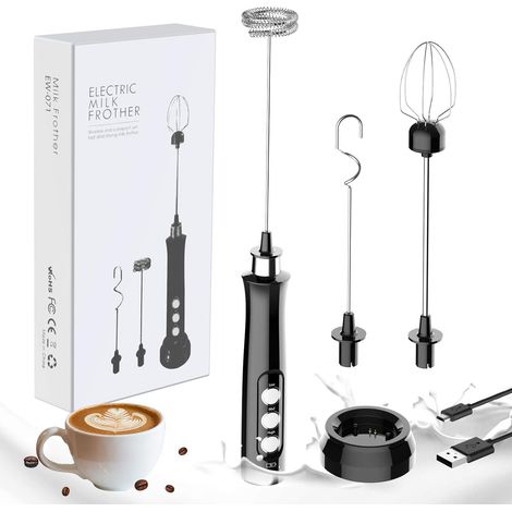 Montalatte elettrico portatile, frullatore 3 in 1 per bevande, stazione di ricarica USB con 3 fruste in acciaio inox per caffè, latte e uso in cucina, nero (1/5)