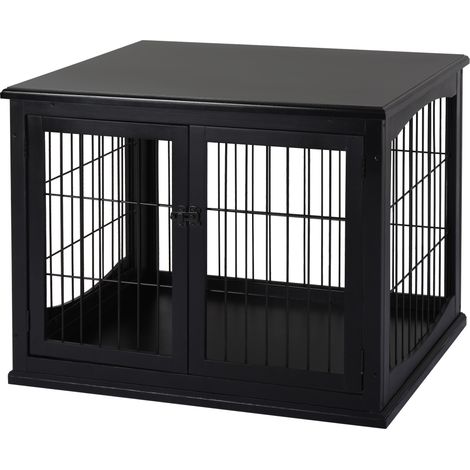 PawHut Cage pour chien animaux meuble cage chien intérieur en bois MDF classe E1 3 portes verrouillables max. 30 Kg dim. 81L x 58l x 66H cm noir