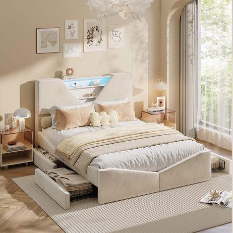 lit double 140x190cm, Lit 140 x 190, LED réglable, cadre de lit, Lit Capitonné, rangement de tête de lit, velours, Beige