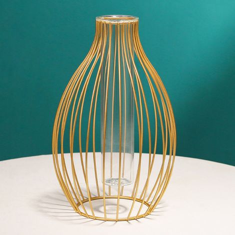 Vase Métal Structure Lantern Dorée avec Tube Verre Hydroponique Amovible Décor Bureau Livre Bouquet (1/5)