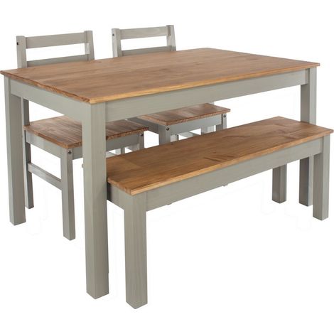 Linea 1200 mm Rectangular Dining Table with Bench and 2 Corona Dining Chairs - Antique Waxed Pine/Grey - Flat Packed